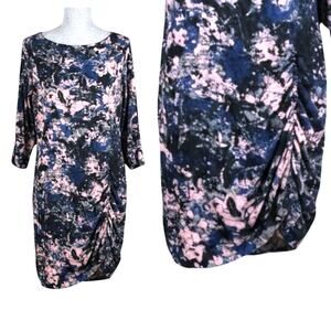 Kenneth Cole Abstract Print Ruched Sheath Dress NWT 3/4 Sleeves Blue Pink Sz L